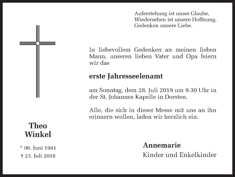  Traueranzeige für Theo Winkel vom 24.07.2019 aus Ruhr Nachrichten und Dorstener Zeitung