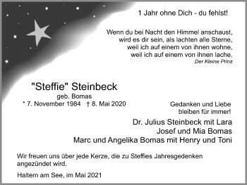 Traueranzeige von Steffie Steinbeck von Ruhr Nachrichten und Halterner Zeitung