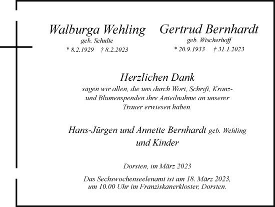 Traueranzeige von Walburga Wehling und Gertrud Bernhardt von Ruhr Nachrichten und Dorstener Zeitung