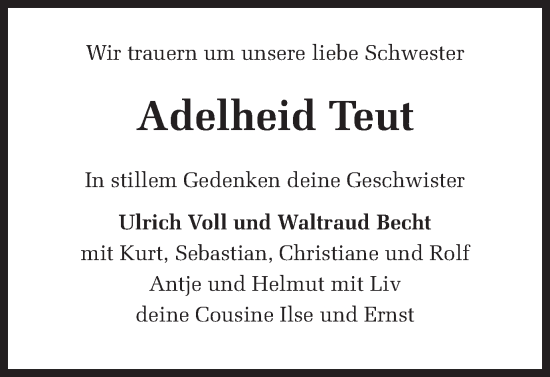 Traueranzeige von Adelheid Teut von Ruhr Nachrichten