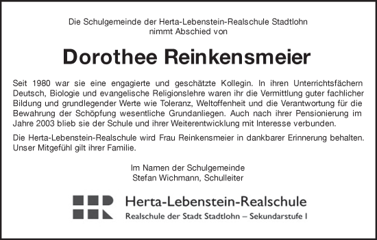 Traueranzeige von Dorothee Reinkensmeier von Münsterland Zeitung
