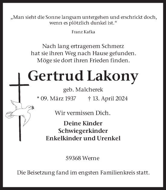 Traueranzeige von Gertrud Lakony von Ruhr Nachrichten