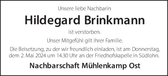 Traueranzeige von Hildegard Brinkmann von Münsterland Zeitung