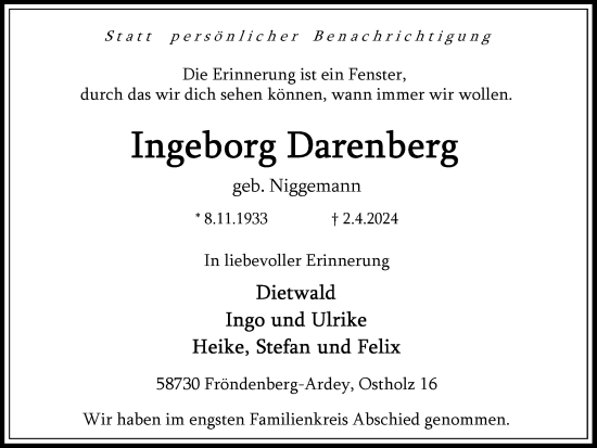 Traueranzeige von Ingeborg Darenberg von Hellweger Anzeiger