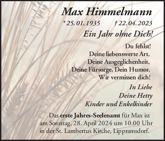 Traueranzeige von Max Himmelmann von Ruhr Nachrichten und Halterner Zeitung