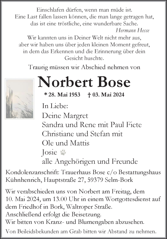 Traueranzeige von Norbert Bose von Ruhr Nachrichten