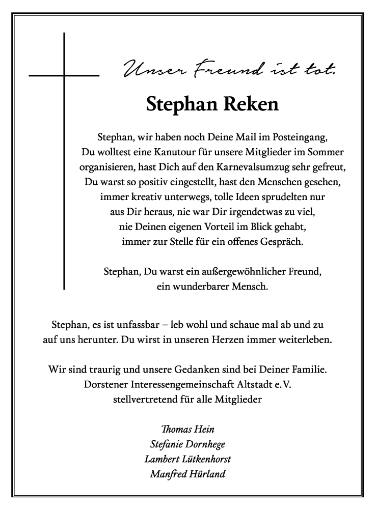  Traueranzeige für Stephan Reken vom 28.01.2016 aus Dorstener Zeitung 