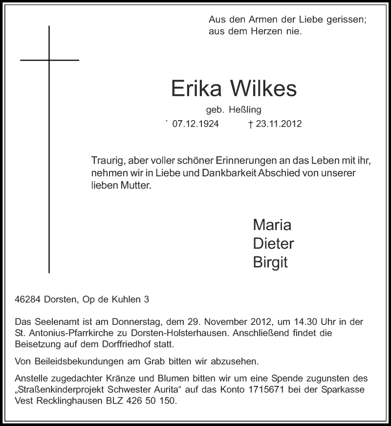  Traueranzeige für Erika Wilkes vom 26.11.2012 aus Ruhr Nachrichten und Dorstener Zeitung