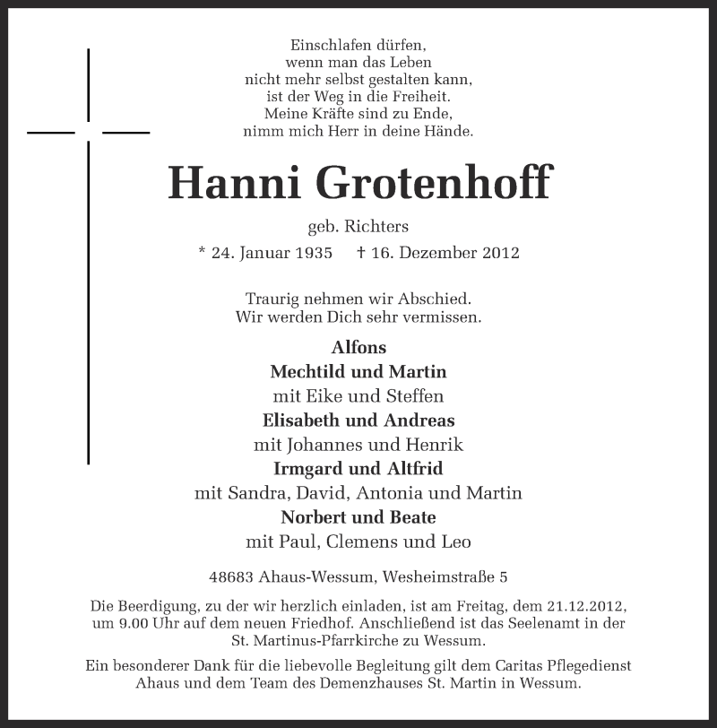  Traueranzeige für Hanni Grotenhoff vom 18.12.2012 aus Münstersche Zeitung und Münsterland Zeitung