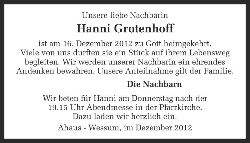  Traueranzeige für Hanni Grotenhoff vom 19.12.2012 aus Münstersche Zeitung und Münsterland Zeitung