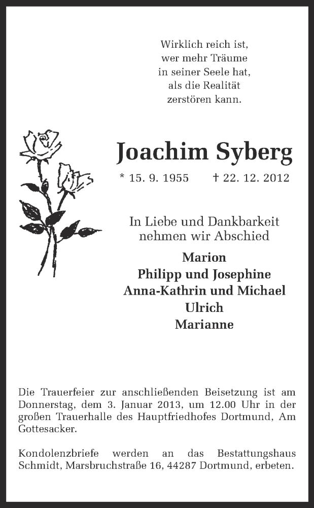  Traueranzeige für Joachim Syberg vom 29.12.2012 aus Ruhr Nachrichten