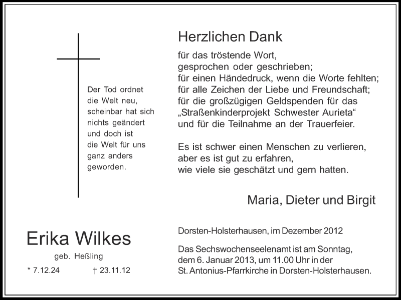  Traueranzeige für Erika Wilkes vom 28.12.2012 aus Ruhr Nachrichten und Dorstener Zeitung