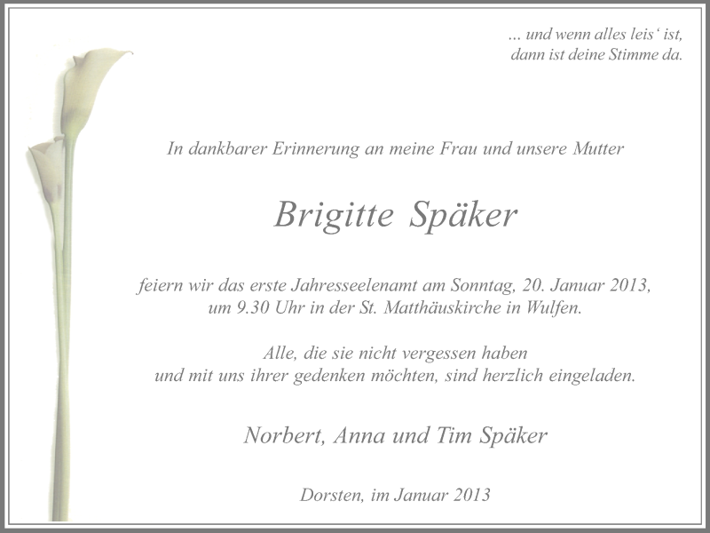  Traueranzeige für Brigitte Späker vom 15.01.2013 aus Ruhr Nachrichten und Dorstener Zeitung