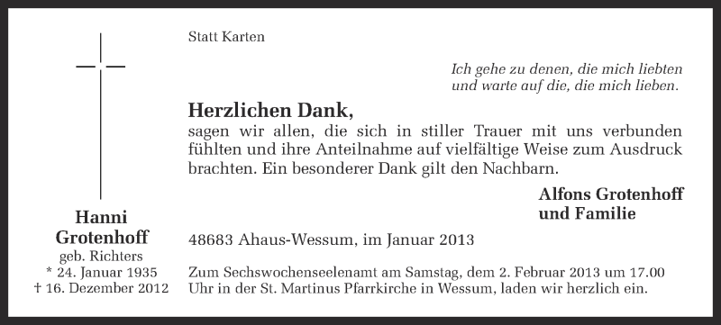  Traueranzeige für Hanni Grotenhoff vom 30.01.2013 aus Münstersche Zeitung und Münsterland Zeitung