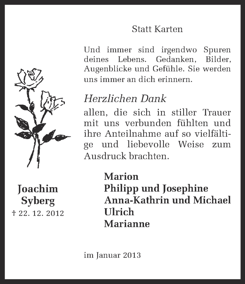  Traueranzeige für Joachim Syberg vom 26.01.2013 aus Ruhr Nachrichten