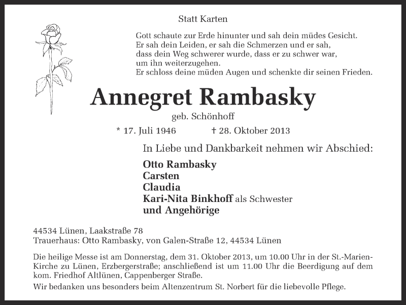  Traueranzeige für Annegret Rambasky vom 29.10.2013 aus Ruhr Nachrichten