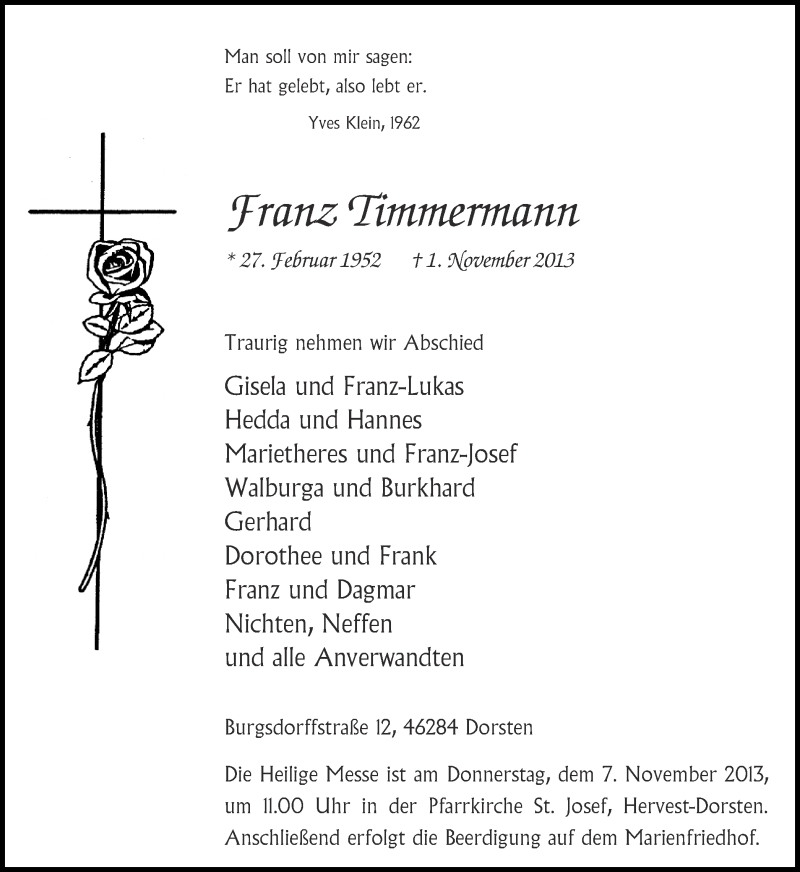  Traueranzeige für Franz Timmermann vom 05.11.2013 aus Ruhr Nachrichten und Dorstener Zeitung