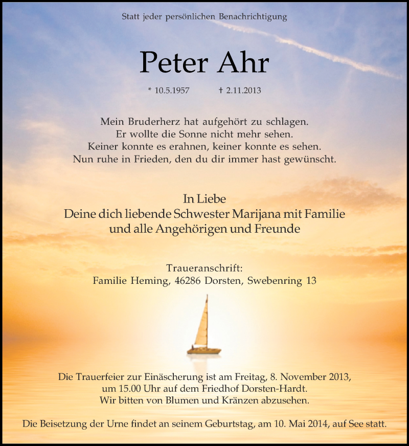  Traueranzeige für Peter Ahr vom 06.11.2013 aus Ruhr Nachrichten und Dorstener Zeitung