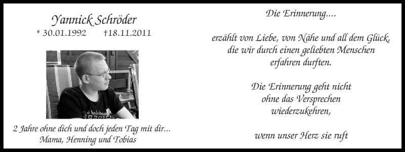  Traueranzeige für Yannick Schröder vom 18.11.2013 aus Münstersche Zeitung, Emsdettener Volkszeitung, Grevener Zeitung und Münsterland Zeitung
