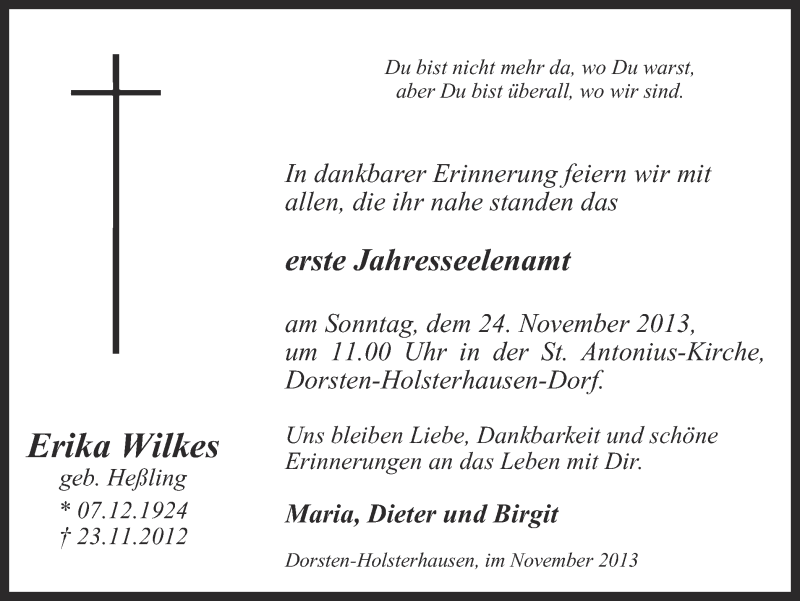  Traueranzeige für Erika Wilkes vom 19.11.2013 aus Ruhr Nachrichten und Dorstener Zeitung