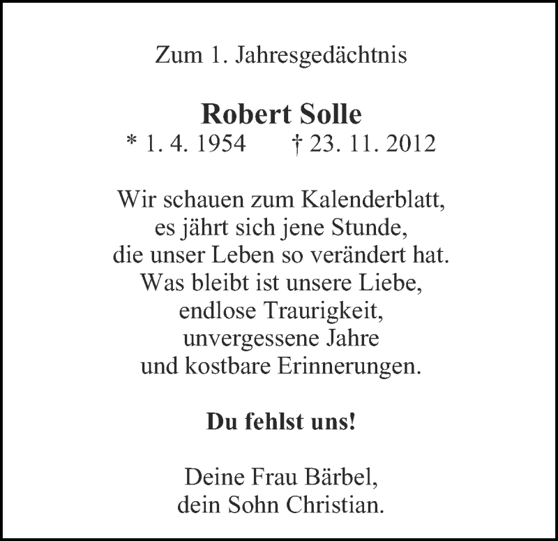  Traueranzeige für Robert Solle vom 23.11.2013 aus Ruhr Nachrichten