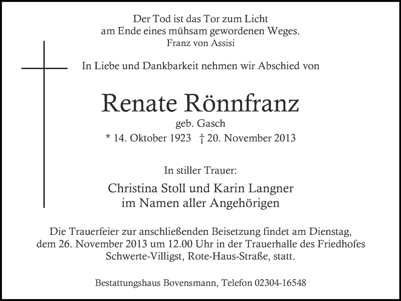  Traueranzeige für Renate Rönnfranz vom 23.11.2013 aus Ruhr Nachrichten