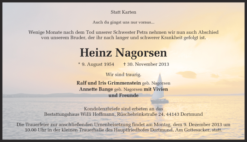  Traueranzeige für Heinz Nagorsen vom 04.12.2013 aus Ruhr Nachrichten