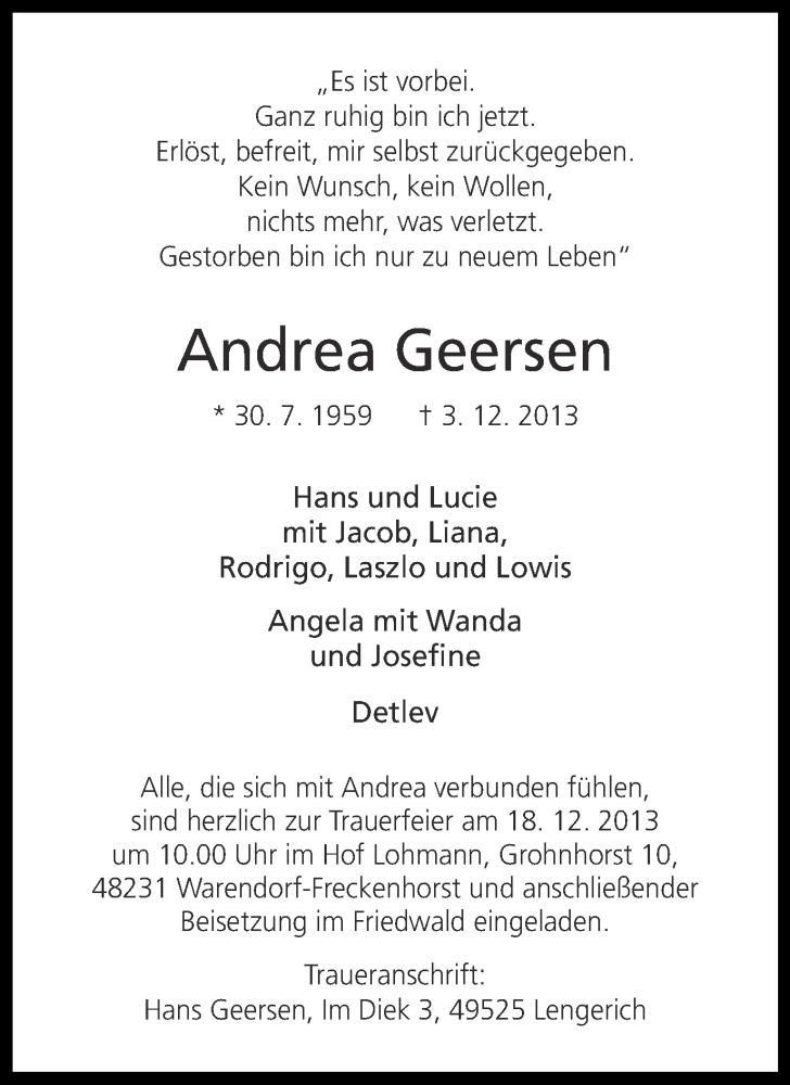  Traueranzeige für Andrea Geersen vom 11.12.2013 aus Münstersche Zeitung, Emsdettener Volkszeitung, Grevener Zeitung und Münsterland Zeitung