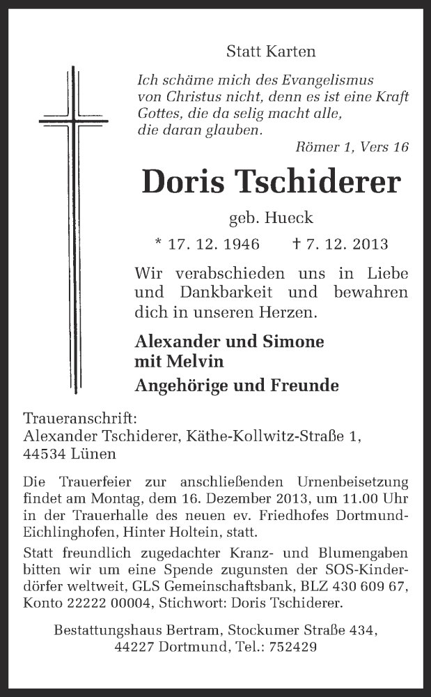  Traueranzeige für Doris Tschiderer vom 11.12.2013 aus Ruhr Nachrichten