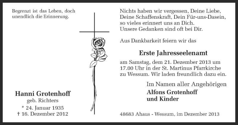  Traueranzeige für Hanni Grotenhoff vom 18.12.2013 aus Münstersche Zeitung und Münsterland Zeitung