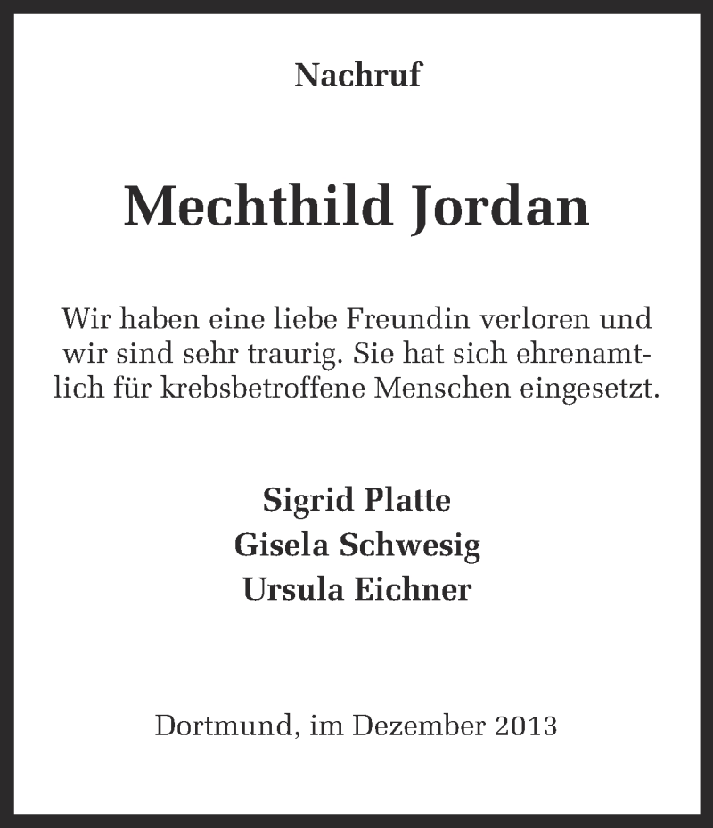  Traueranzeige für Mechthild Jordan vom 21.12.2013 aus Ruhr Nachrichten
