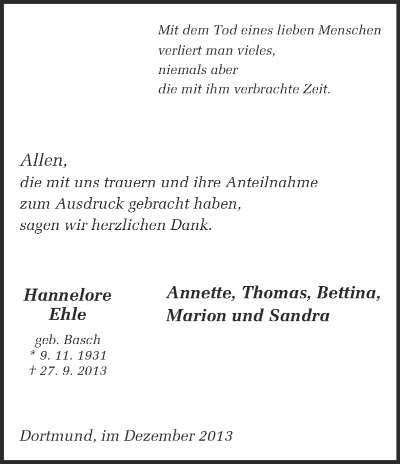  Traueranzeige für Hannelore Ehle vom 21.12.2013 aus Ruhr Nachrichten