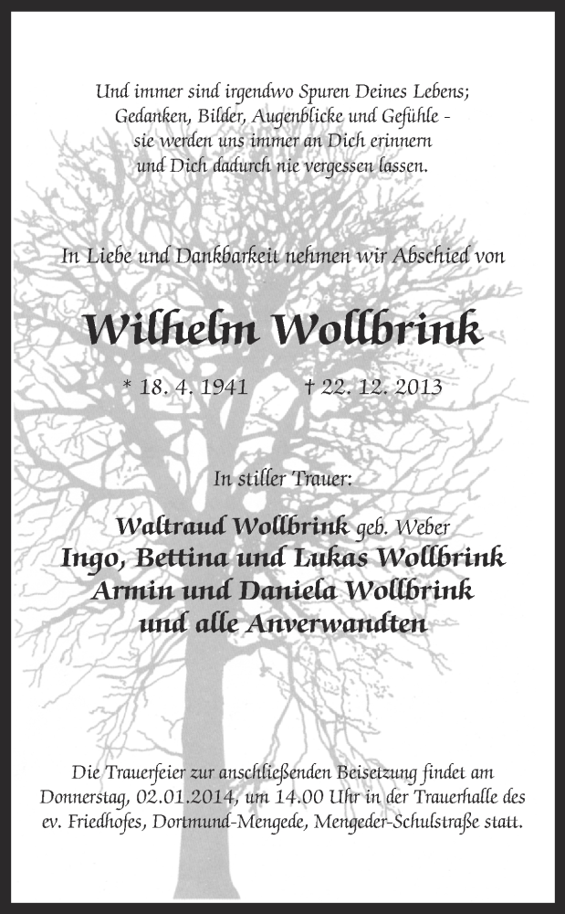  Traueranzeige für Wilhelm Wollbrink vom 28.12.2013 aus Ruhr Nachrichten