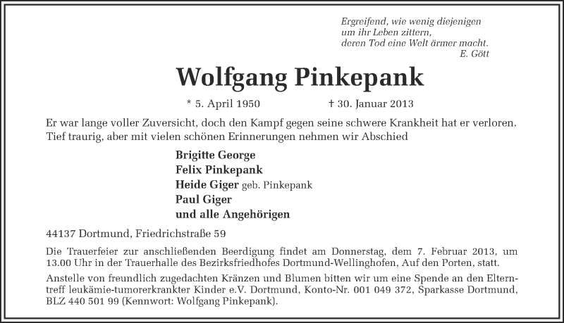  Traueranzeige für Wolfgang Pinkepank vom 02.02.2013 aus Ruhr Nachrichten