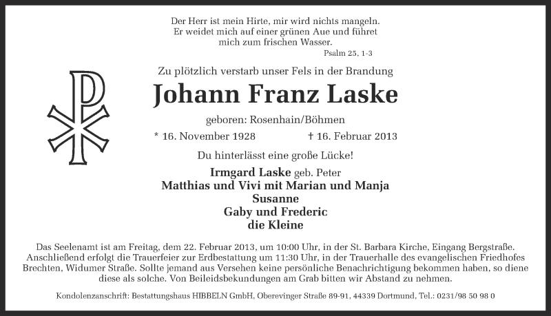  Traueranzeige für Johann Franz Laske vom 20.02.2013 aus Ruhr Nachrichten