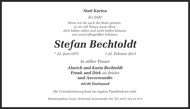  Traueranzeige für Stefan Bechtoldt vom 20.03.2013 aus Ruhr Nachrichten