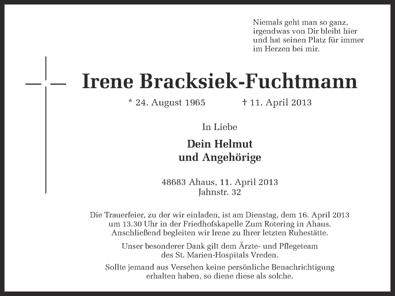  Traueranzeige für Irene Bracksiek-Fuchtmann vom 13.04.2013 aus Münstersche Zeitung und Münsterland Zeitung