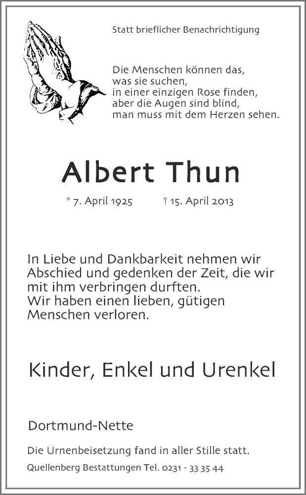  Traueranzeige für Albert Thun vom 20.04.2013 aus Ruhr Nachrichten