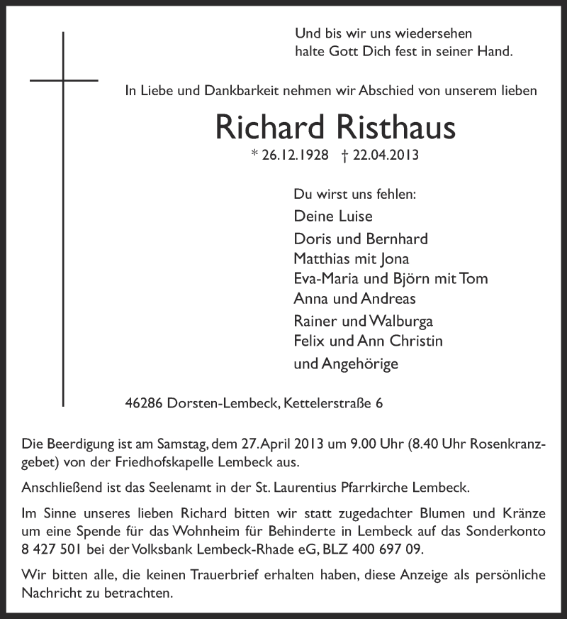  Traueranzeige für Richard Risthaus vom 24.04.2013 aus Ruhr Nachrichten und Dorstener Zeitung