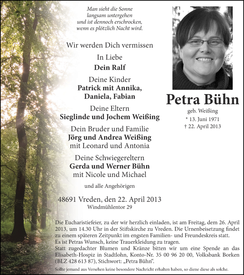  Traueranzeige für Petra Bühn vom 25.04.2013 aus Münstersche Zeitung und Münsterland Zeitung