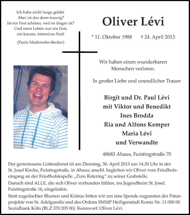  Traueranzeige für Oliver Levi vom 29.04.2013 aus 