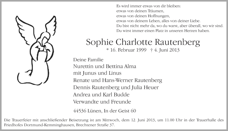  Traueranzeige für Sophie Charlotte Rautenberg vom 08.06.2013 aus Ruhr Nachrichten