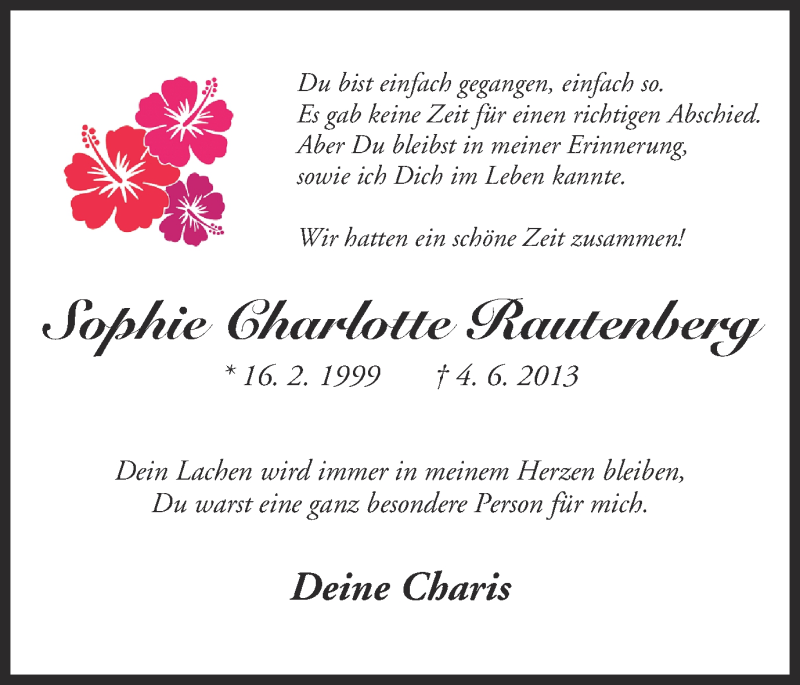  Traueranzeige für Sophie Charlotte Rautenberg vom 11.06.2013 aus Ruhr Nachrichten