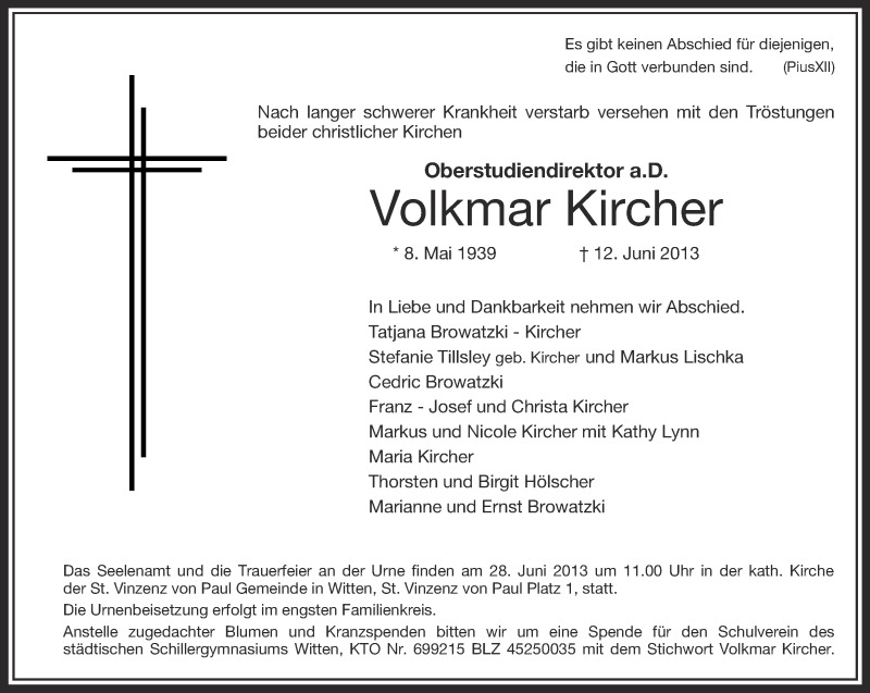  Traueranzeige für Volkmar Kircher vom 22.06.2013 aus Ruhr Nachrichten