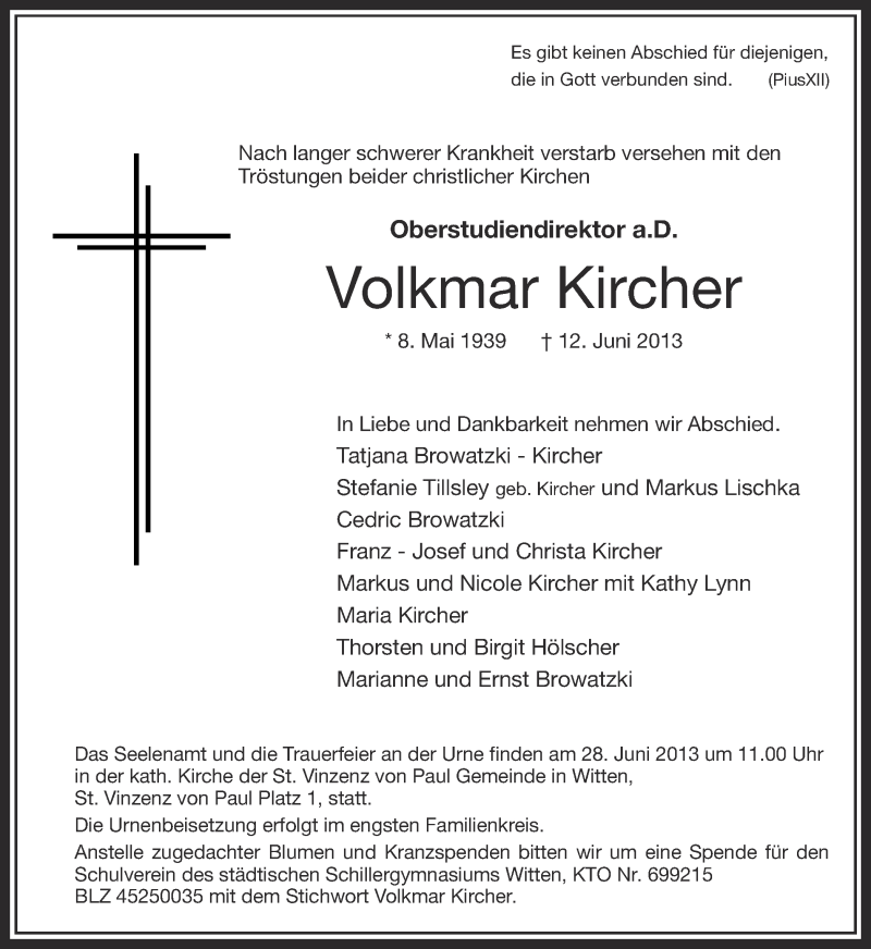  Traueranzeige für Volkmar Kircher vom 22.06.2013 aus Ruhr Nachrichten