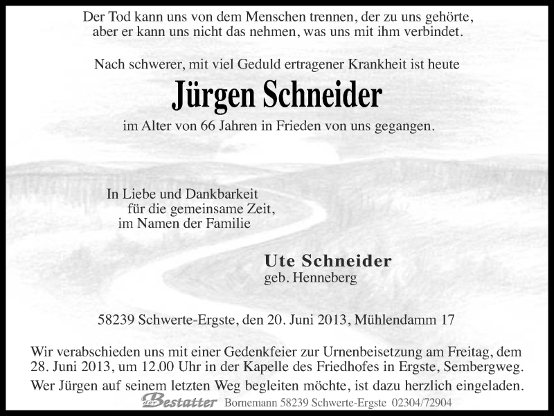  Traueranzeige für Jürgen Schneider vom 24.06.2013 aus Ruhr Nachrichten