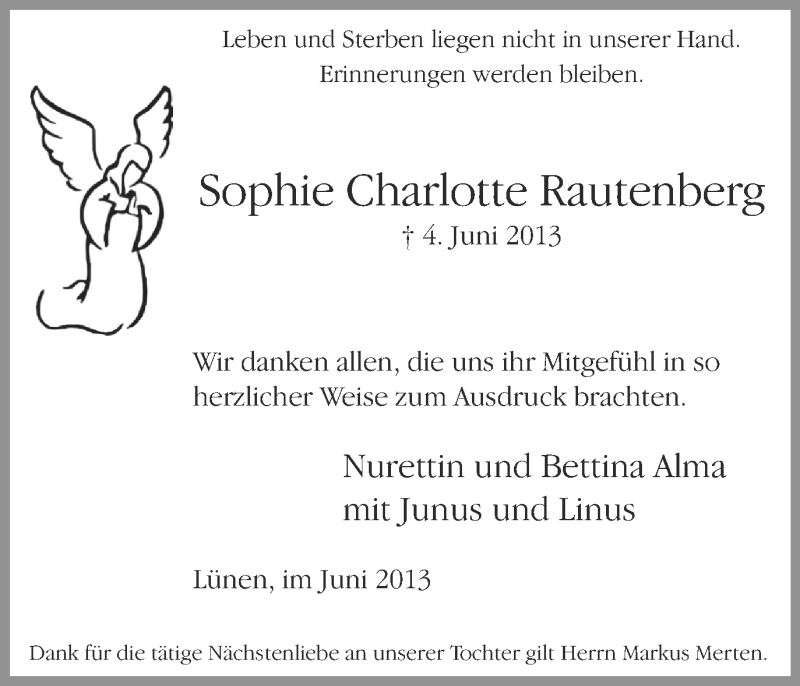  Traueranzeige für Sophie Charlotte Rautenberg vom 29.06.2013 aus Ruhr Nachrichten