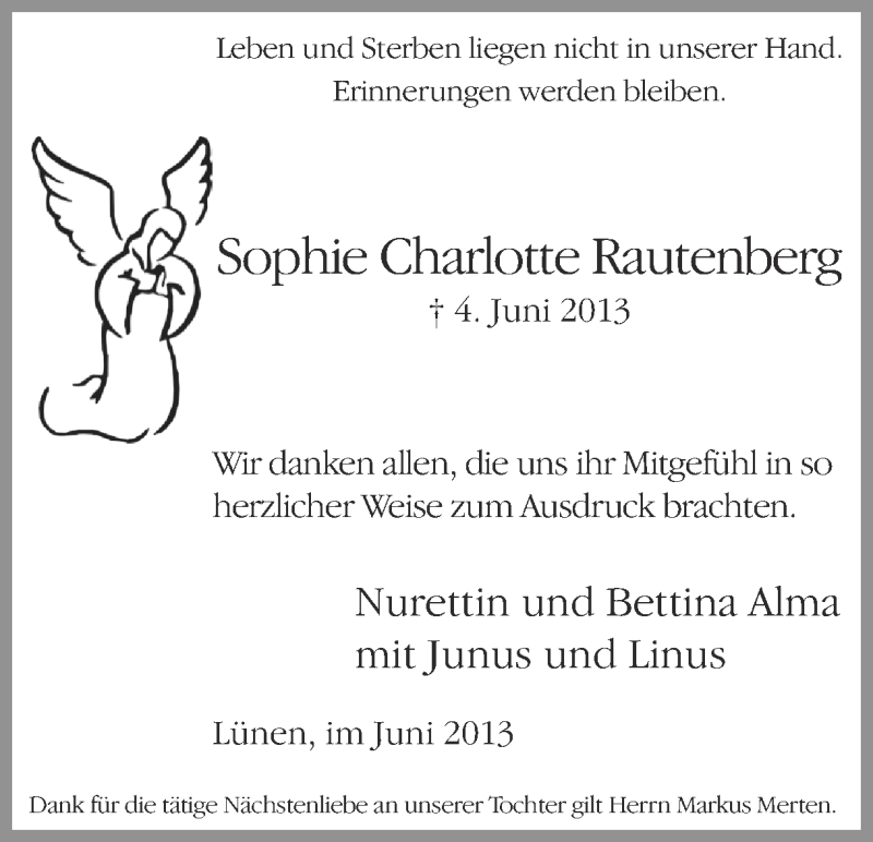  Traueranzeige für Sophie Charlotte Rautenberg vom 29.06.2013 aus Ruhr Nachrichten