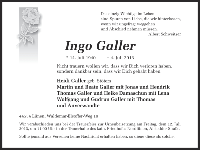  Traueranzeige für Ingo Galler vom 06.07.2013 aus Ruhr Nachrichten