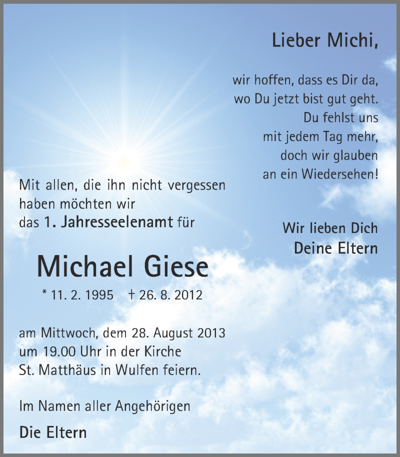  Traueranzeige für Michael Giese vom 26.08.2013 aus Ruhr Nachrichten und Dorstener Zeitung